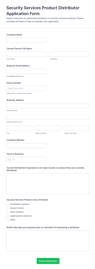 Security Services Product Distributor Application Form Template