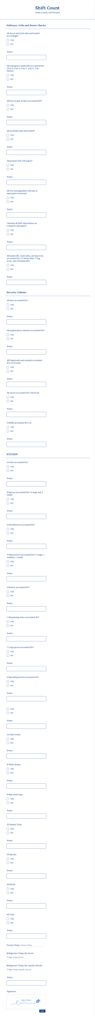 Security Shift Checklist Form Template