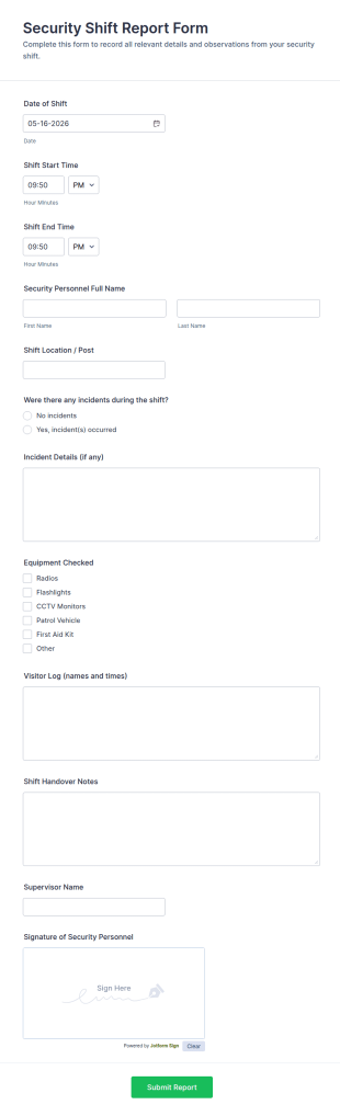 Security Shift Report Form Template