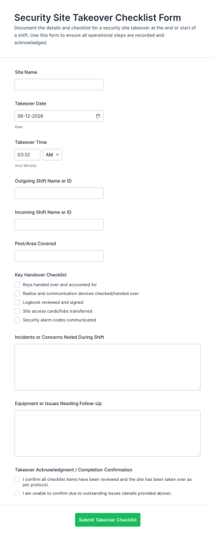 Security Site Takeover Checklist Form Template