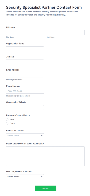 Security Specialist Partner Contact Form Template