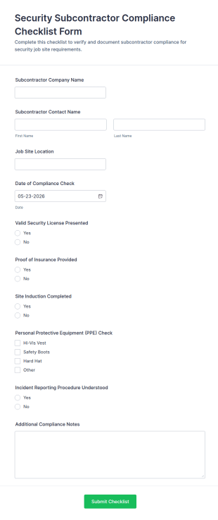 Security Subcontractor Compliance Checklist Form Template
