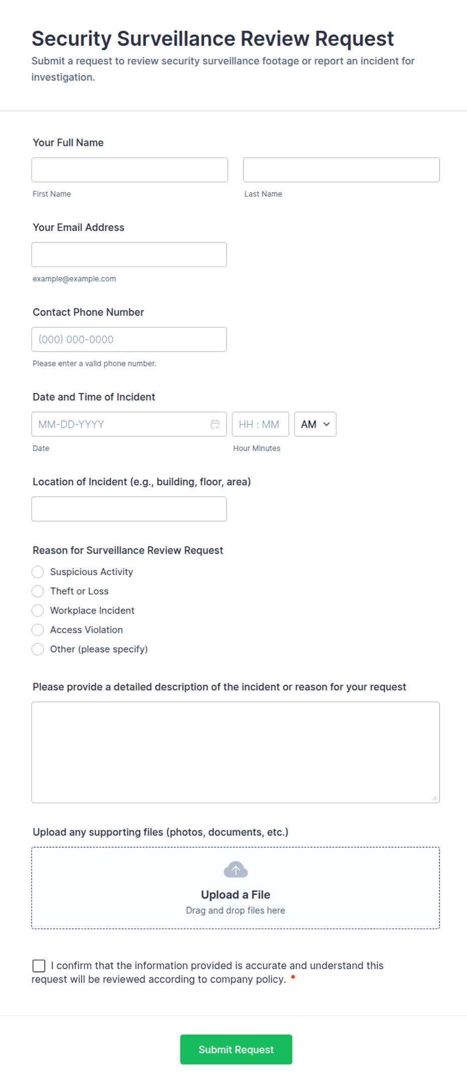 Sample Security Scan Form Security Surveillance Review Request Form Template | Jotform
