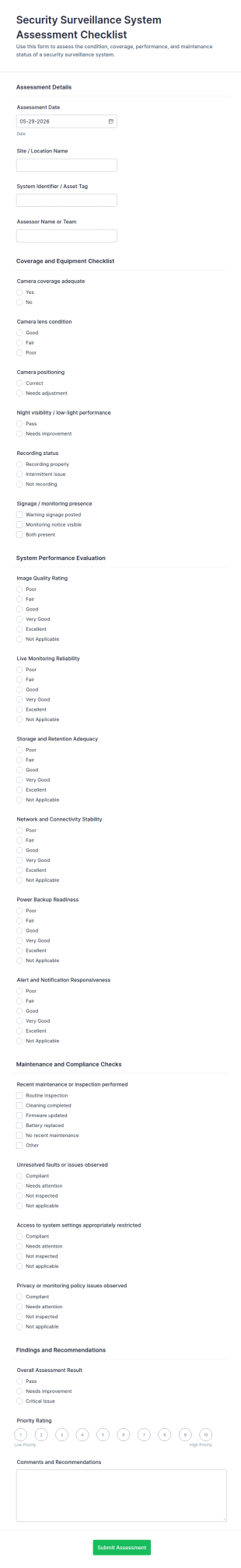 Security Surveillance System Assessment Checklist Form Template