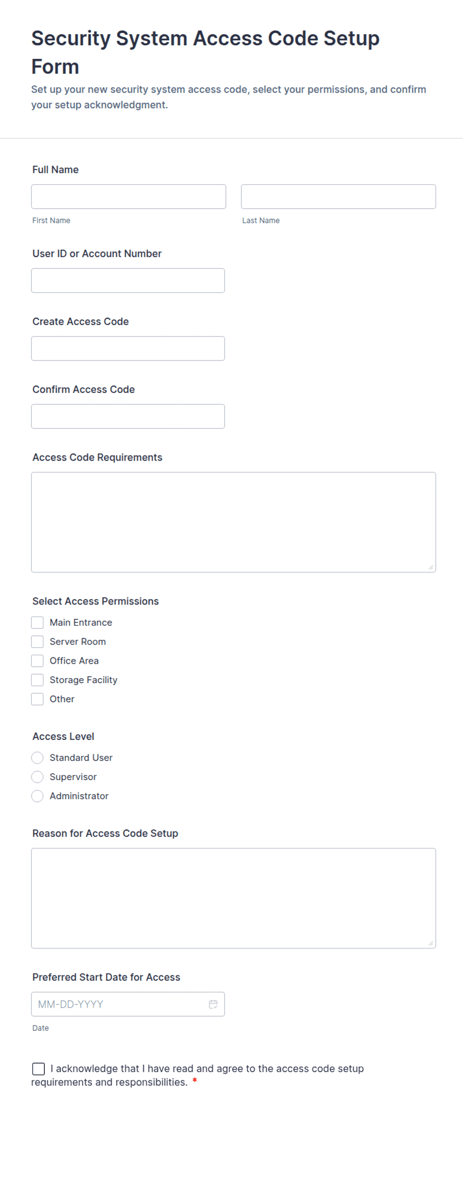 Security System Access Code Setup Form Template | Jotform