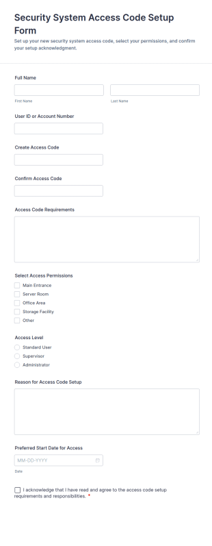 Security System Access Code Setup Form Template