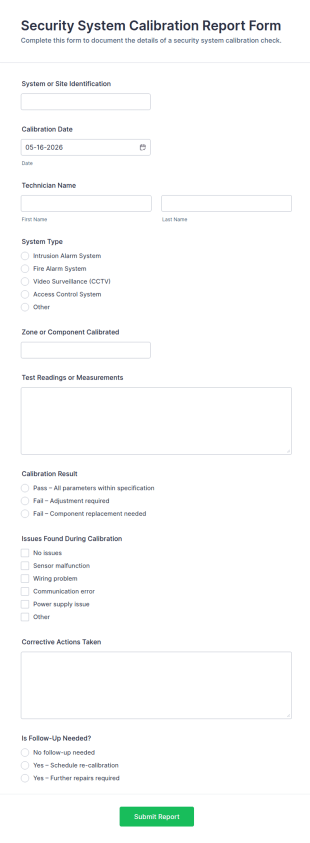 Security System Calibration Report Form Template