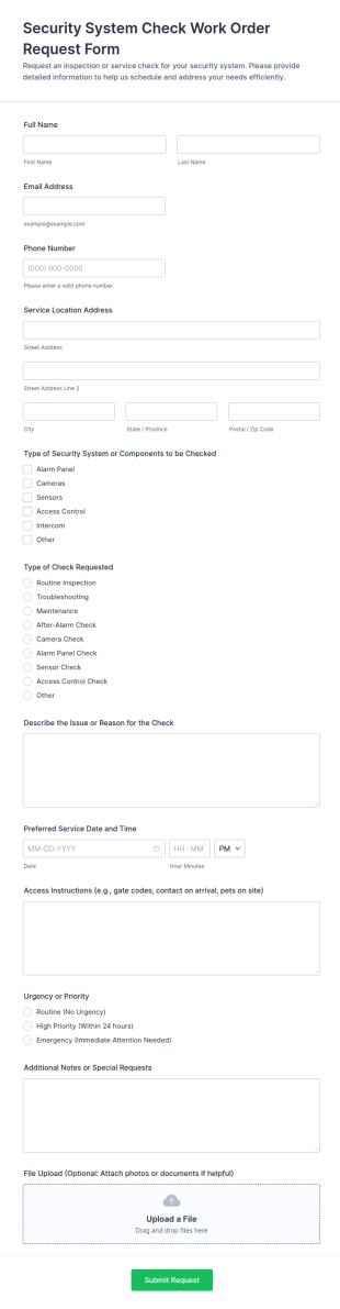 Security System Check Work Order Request Form Template