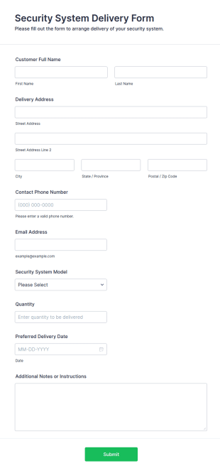 Security System Delivery Form Template