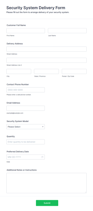 Security System Delivery Form Template