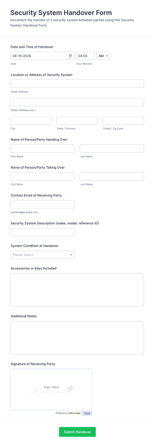 Security System Handover Form Template