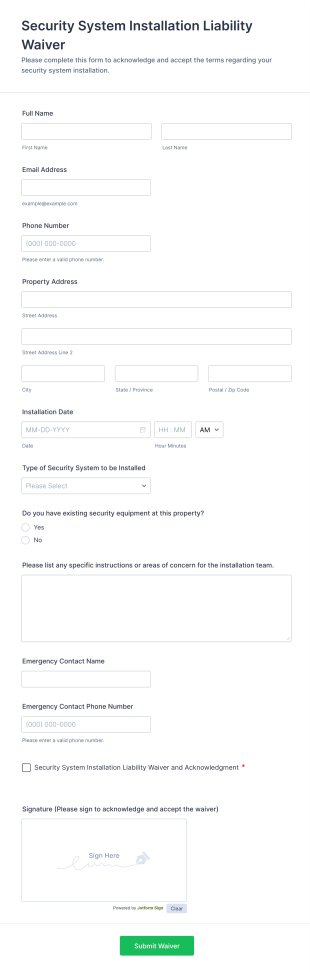 Security System Installation Liability Waiver Form Template