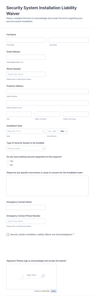 Security System Installation Liability Waiver Form Template