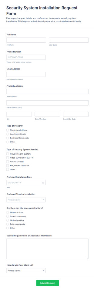 Security System Installation Request Form Template