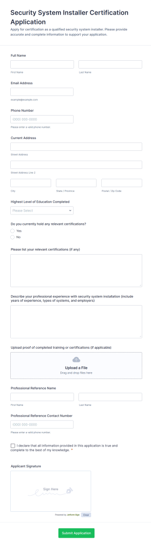Security System Installer Certification Application Form Template