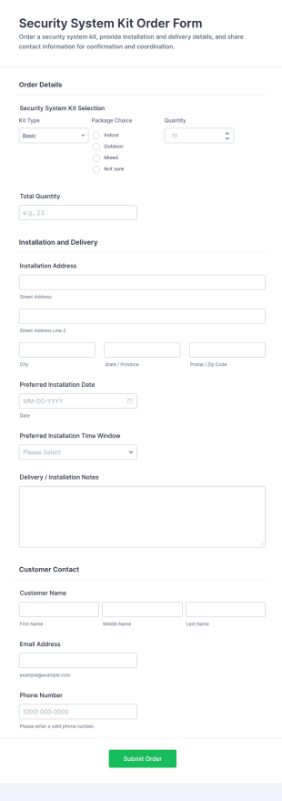 Security System Kit Order Form Template
