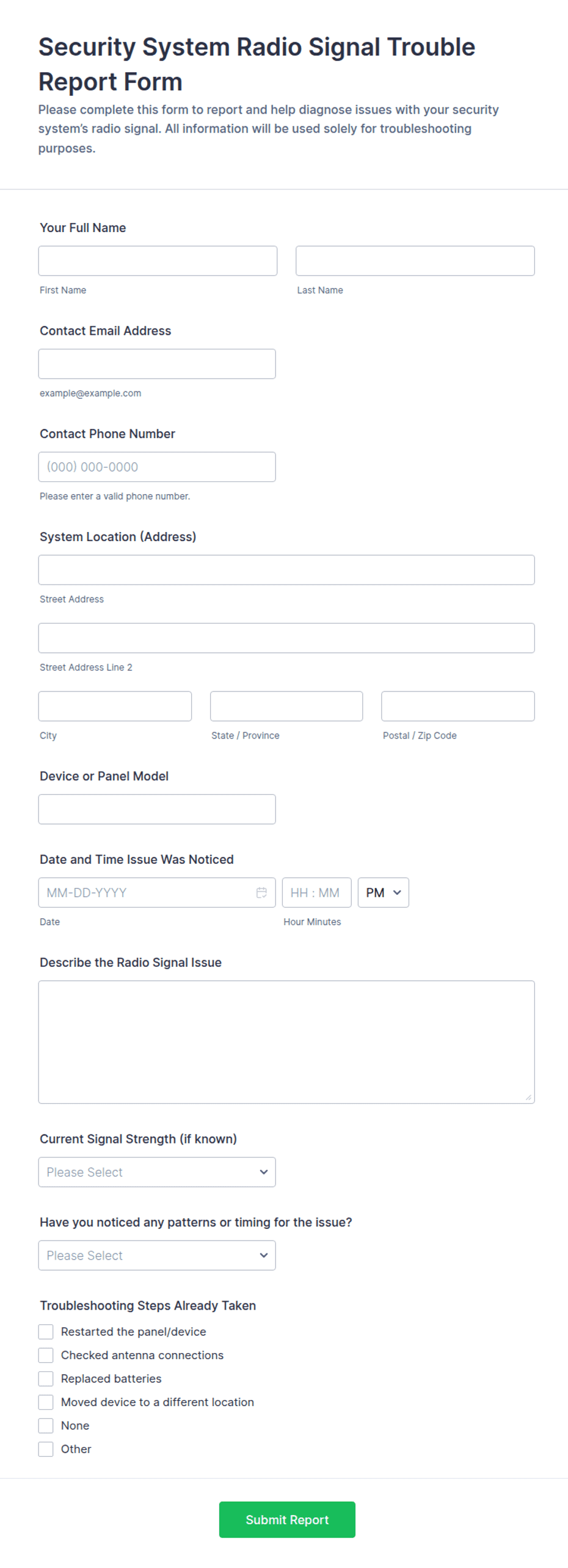Security System Radio Signal Trouble Report Form Template | Jotform