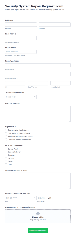 Security System Repair Request Form Template