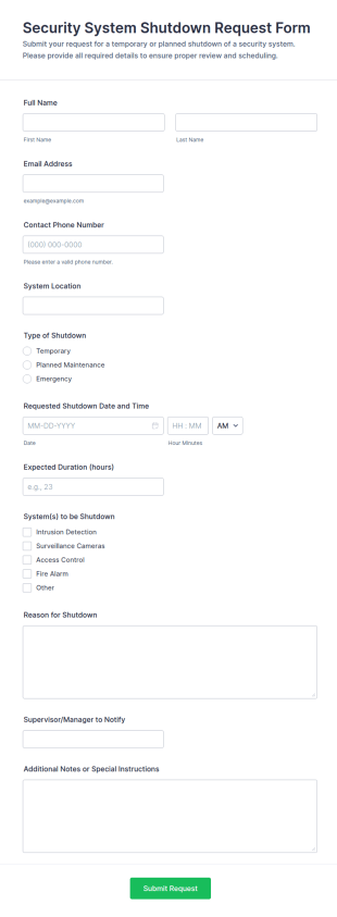 Security System Shutdown Request Form Template