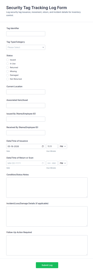 Security Tag Tracking Log Form Template
