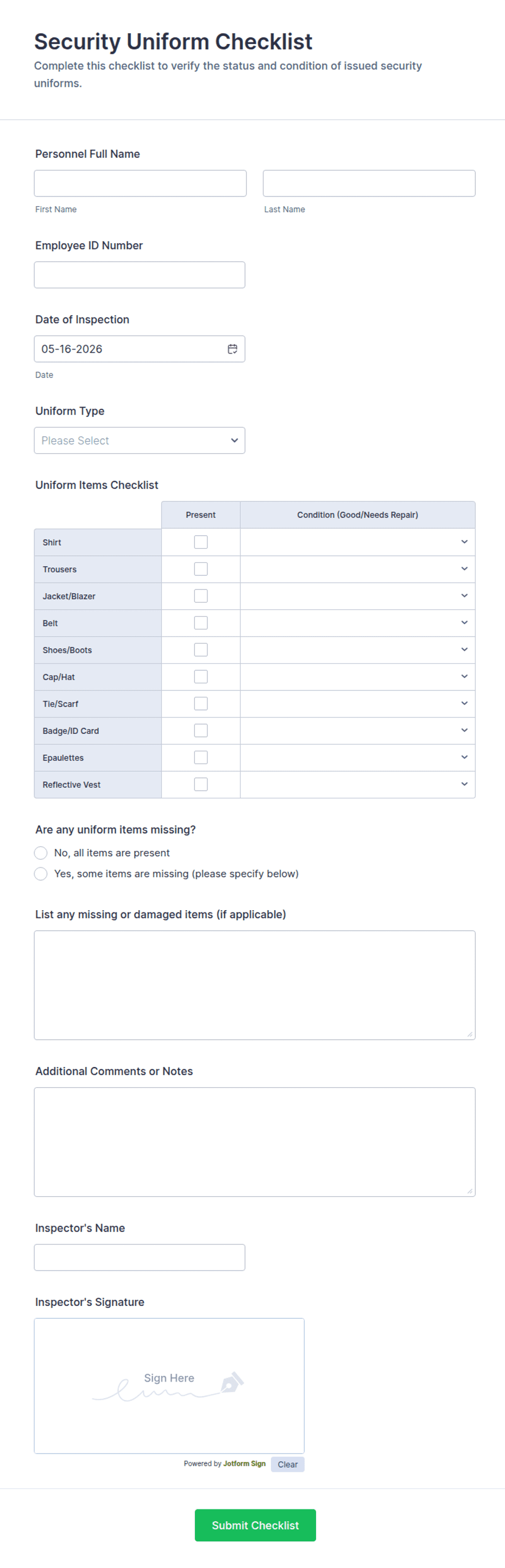 Security Uniform Checklist Form Template | Jotform