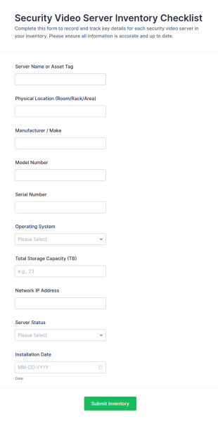 Security Video Server Inventory Checklist Form Template