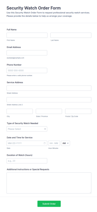 Security Watch Order Form Template
