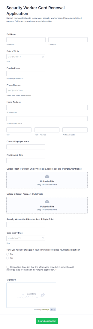 Security Worker Card Renewal Application Form Template