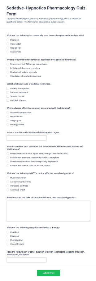 Sedative Hypnotics Pharmacology Quiz Form Template