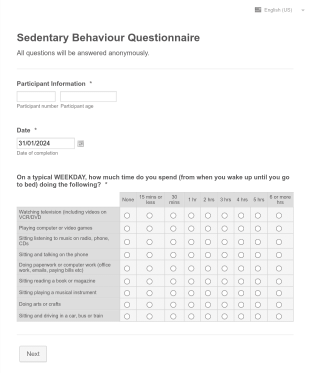 Sedentary Behaviour Questionnaire Form Template