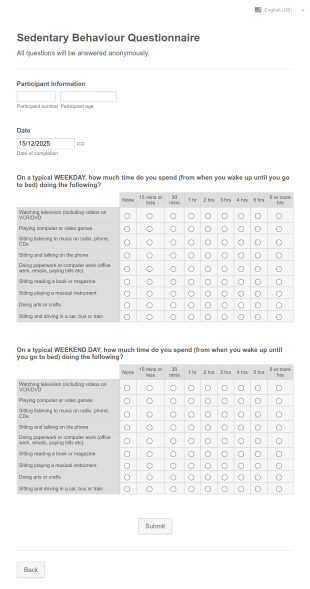 Sedentary Behaviour Questionnaire Form Template