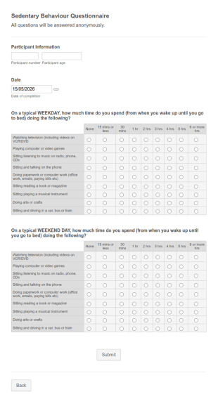 Sedentary Behaviour Questionnaire Form Template