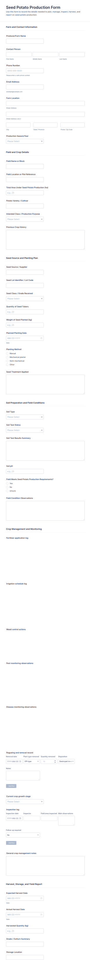 Seed Potato Production Form Template