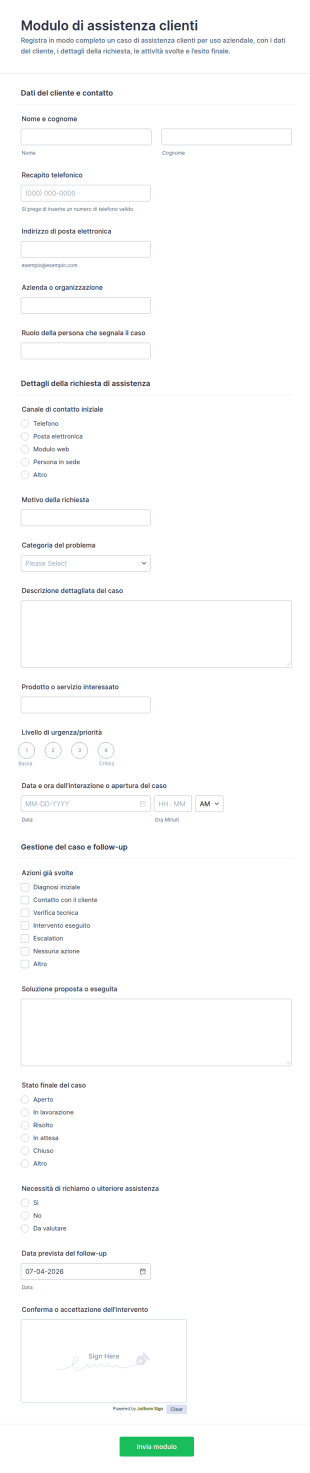 Segnalazione Di Assistenza Clienti Form