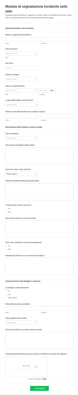 Segnalazione Di Incidente Al Nido Form