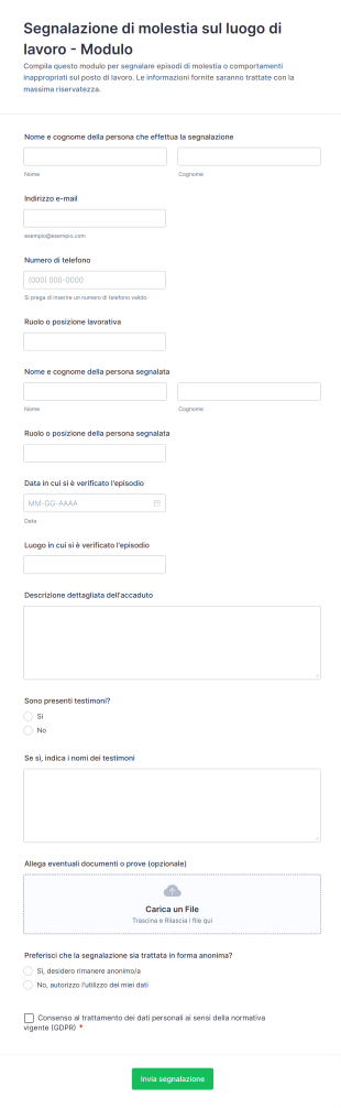 Segnalazione Di Molestia Sul Luogo Di Lavoro Modulo