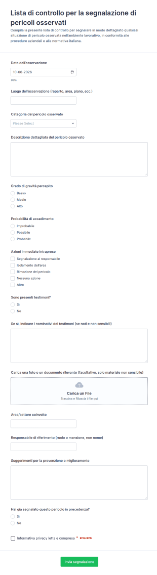 Segnalazione Di Osservazione Dei Rischi Form
