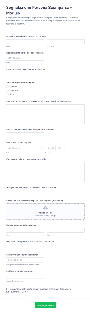 Segnalazione Persona Scomparsa Modulo Form Template