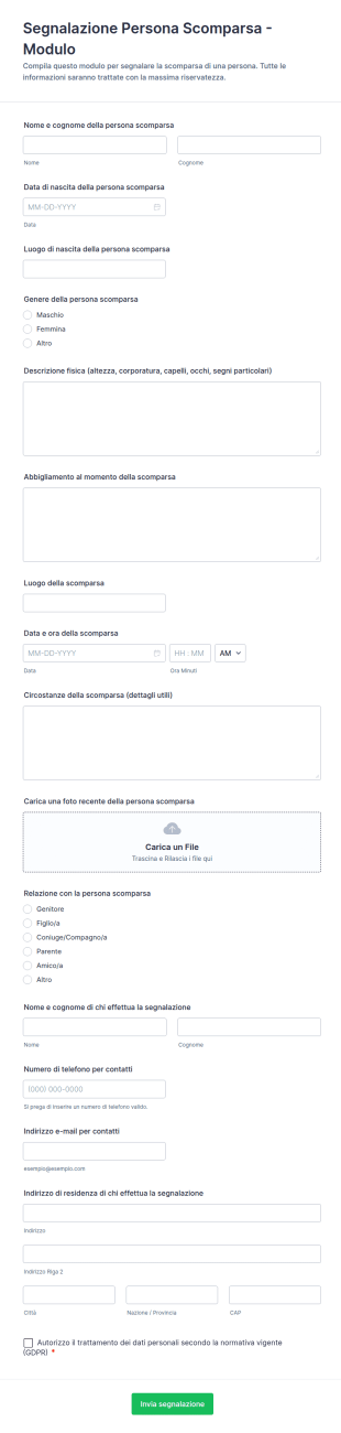 Modulo Di Segnalazione Di Persona Scomparsa