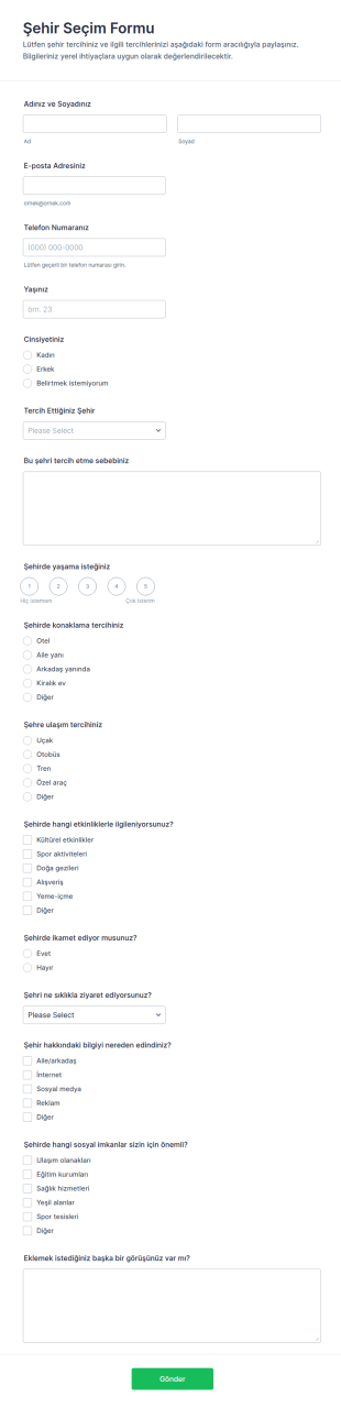 Şehir Seçim Form Şablonu