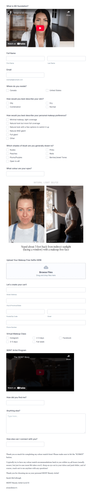 SEINT Beauty Colour Match Form Template