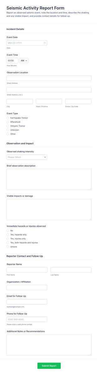 Seismic Activity Report Form Template