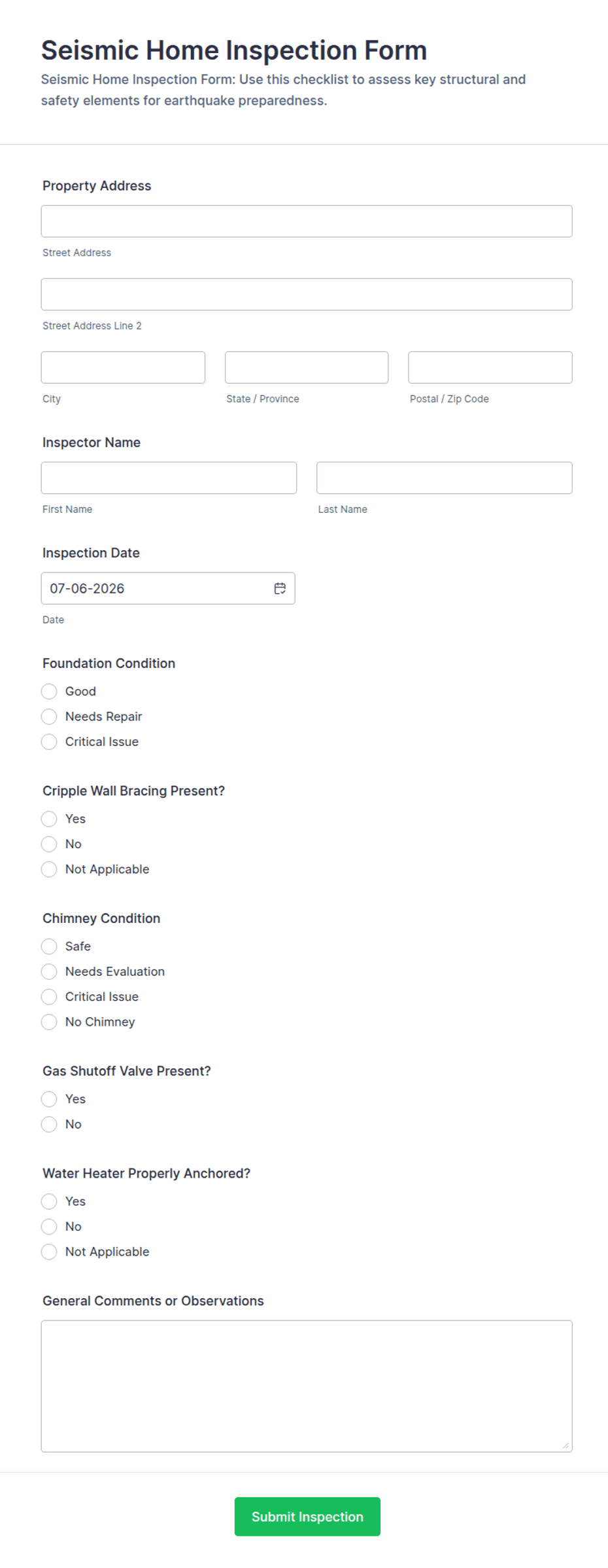 Seismic Home Inspection Checklist Form Template | Jotform