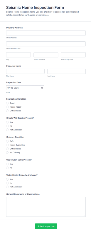 Seismic Home Inspection Checklist Form Template