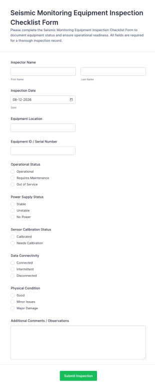 Seismic Monitoring Equipment Inspection Form Template