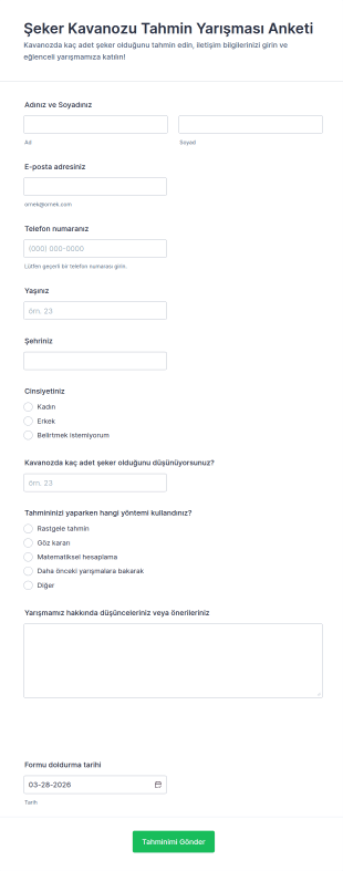 Şeker Kavanozu Tahmin Yarışması Anketi Form Şablonu