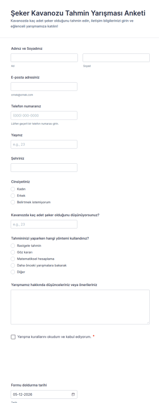 Şeker Kavanozu Tahmin Yarışması Anketi Form Şablonu