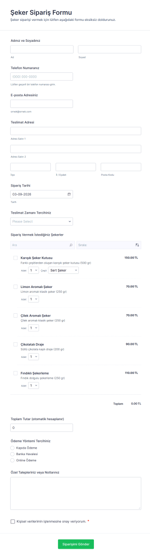 Şeker Sipariş Form Şablonu