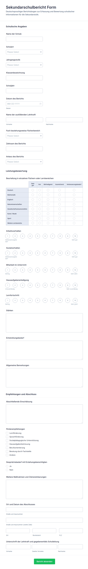 Sekundar Schulbericht Formular