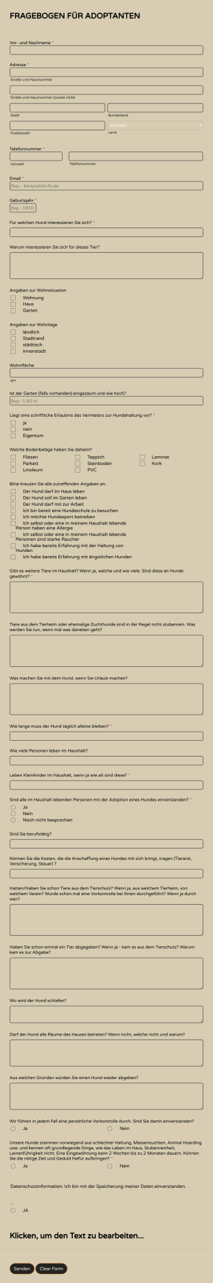 Selbstauskunft Tierhilfe Form Template